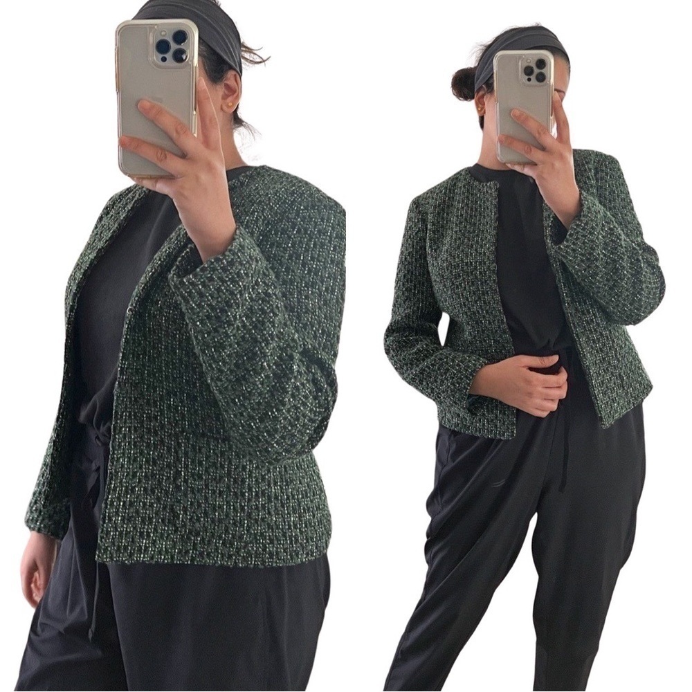 TALBOTS Collarless Long Sleeve Tweed Blazer Jacket Green Sz 6